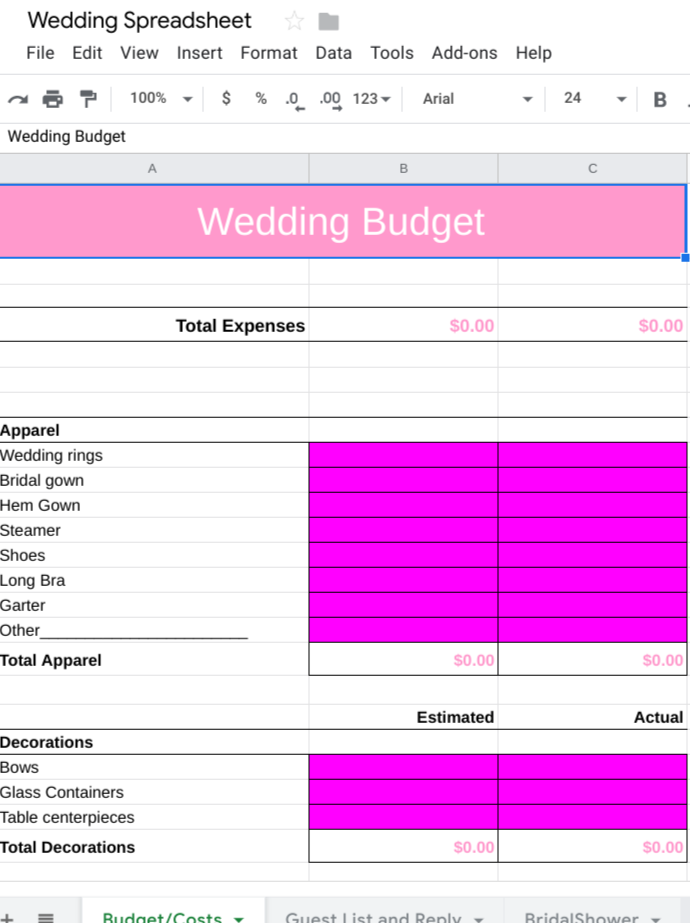Wedding spreadsheet deals